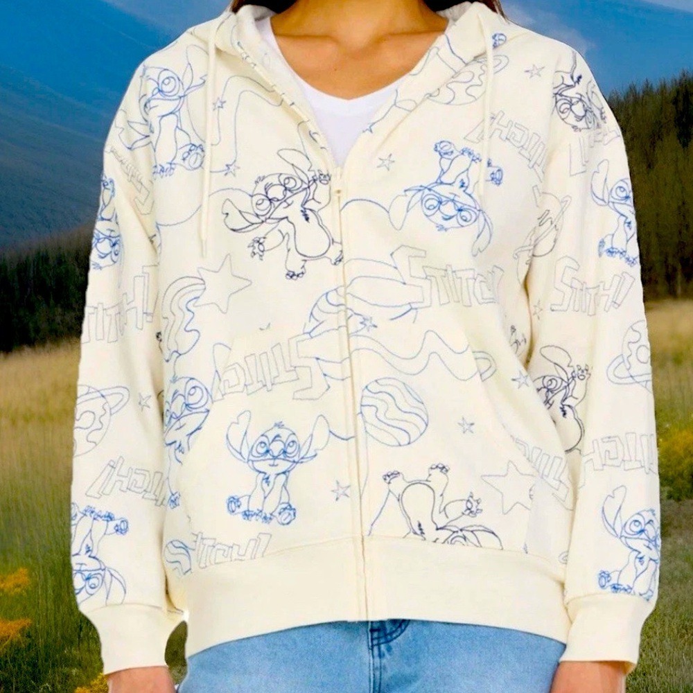 Disney Stitch Zip Up Hoodie Graphic Print Character‎ Cream / Blue XL NWT
